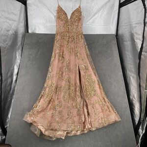 Coya Collection Ball Gown Dress‎ Womens S Peach Embellished Plunge V Neck Bridal